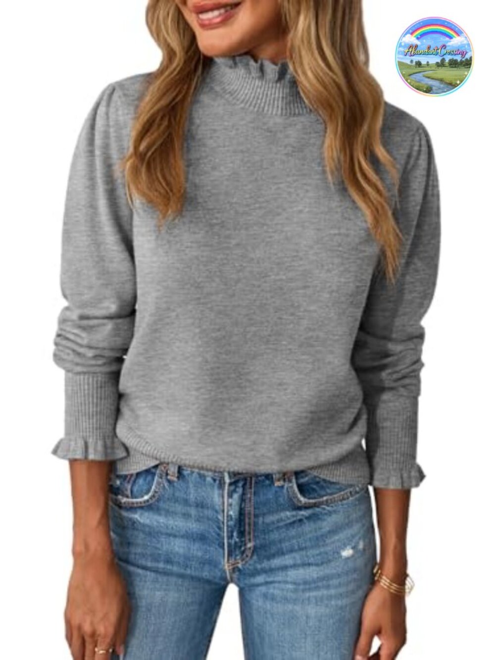 Ruffle Mock Neck Puff Sleeve Knit Pullover Sweater